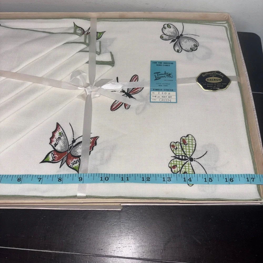 Vintage Timely‎ Linens | 8pc Set | Embroidered Butterfly | MCM | NEW Small Flaw